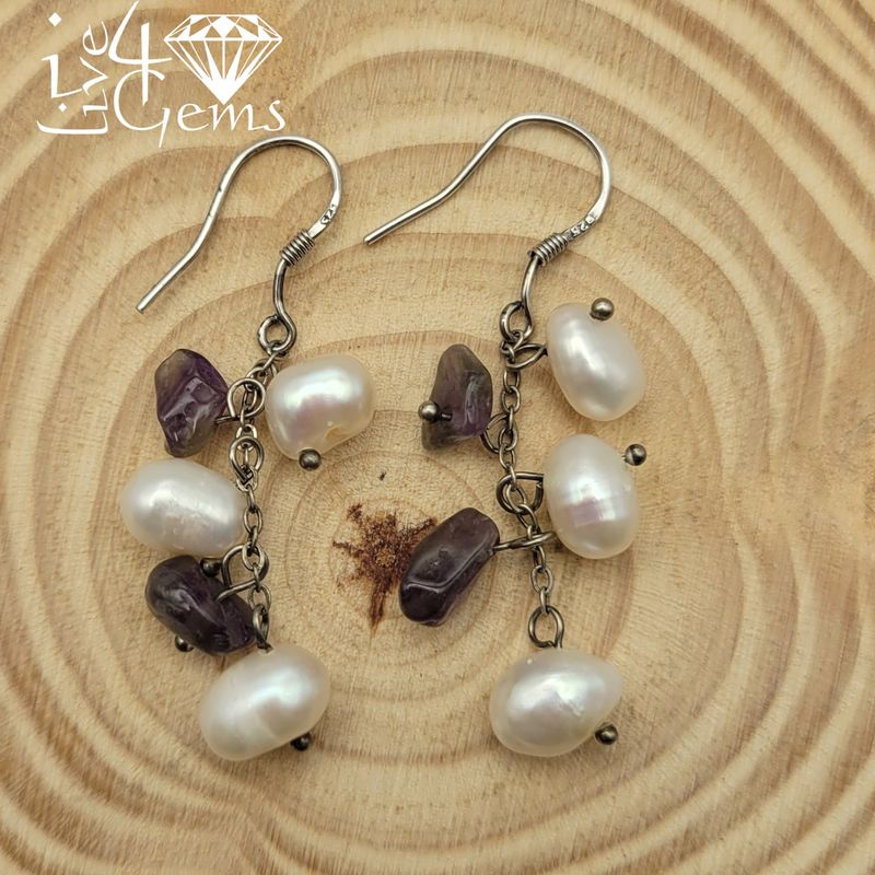 Silver Pearl w Amethyst Hanging Earring