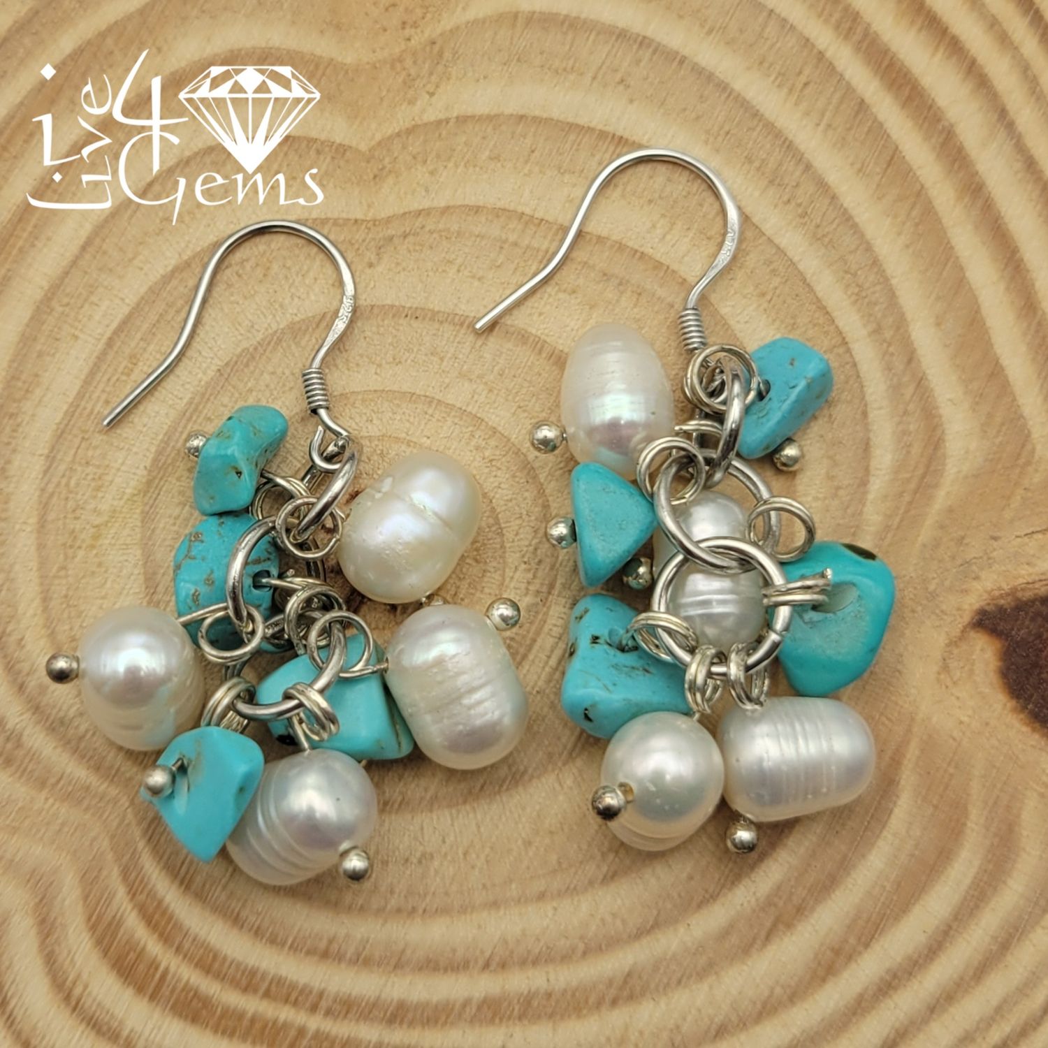 Silver Pearl w Turquoise Cluster Hanging Earring