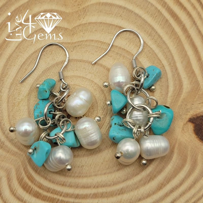 Silver Pearl w Turquoise Cluster Hanging Earring