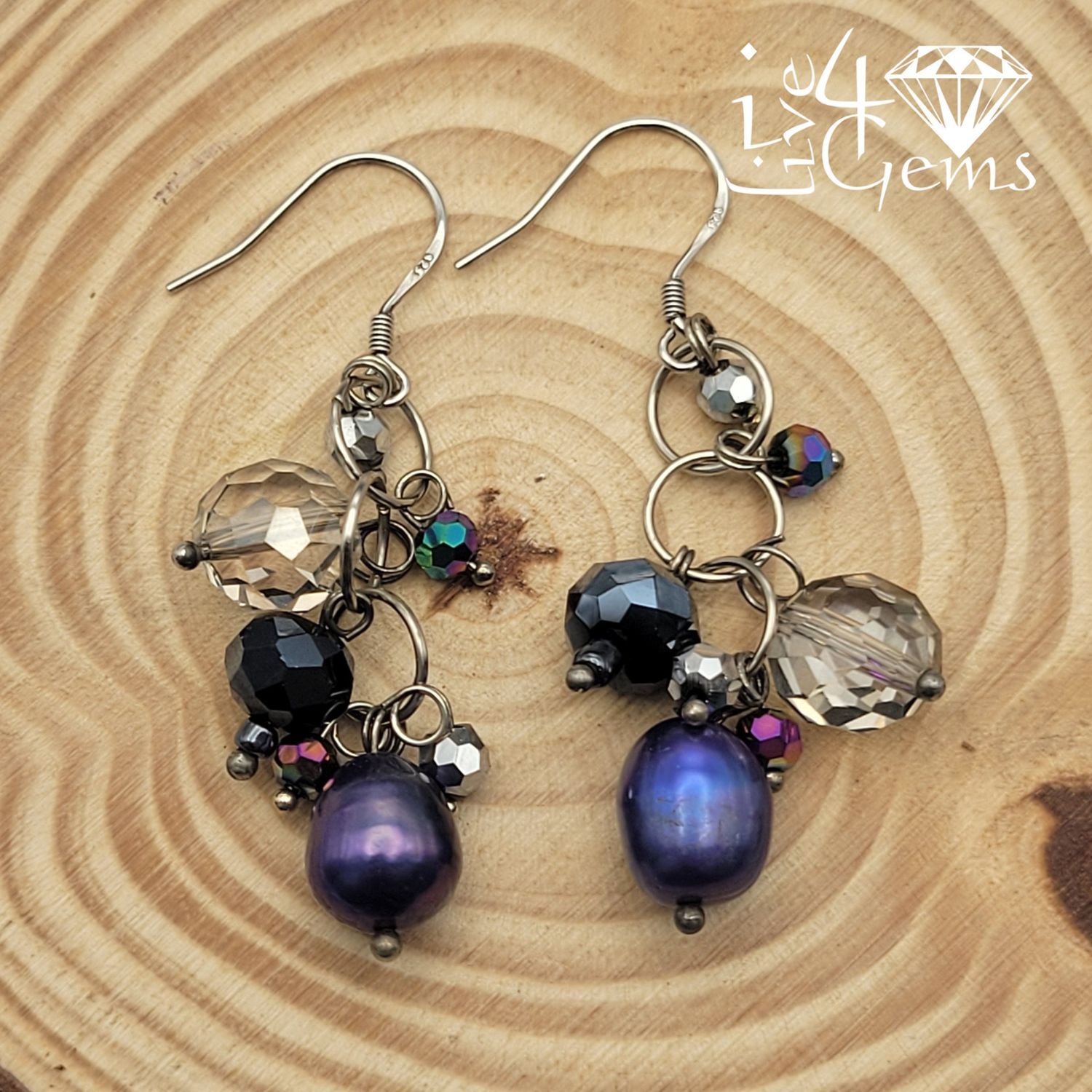 Silver Purple Pearl w Crystal Hanging Earring
