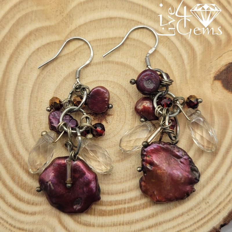 Silver Red Keshi Pearl w White Crystal Hanging Earring