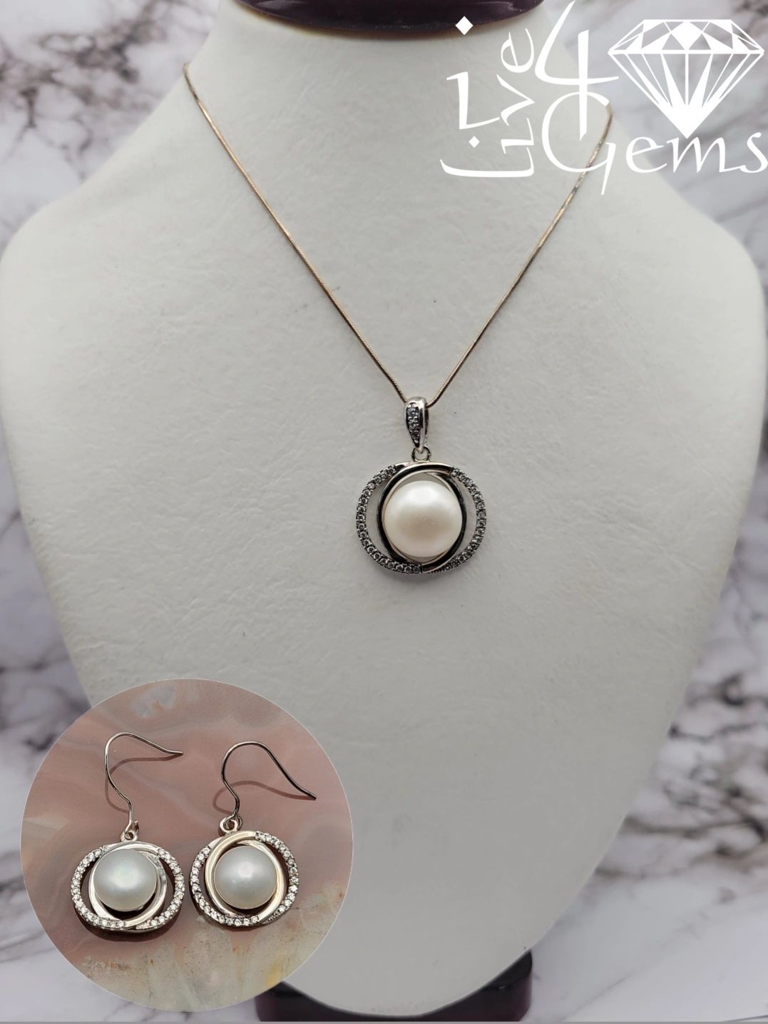 Silver Double Halo Pearl w Cz Earring Pendant Set