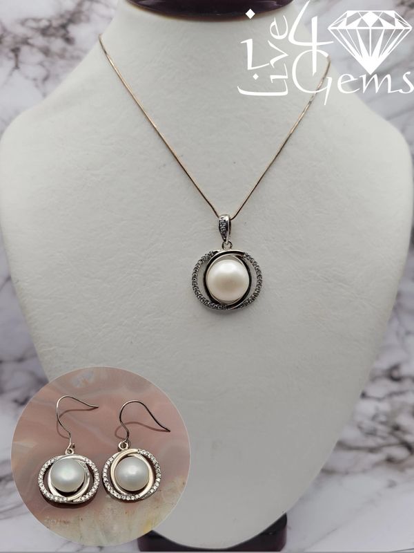 Silver Double Halo Pearl w Cz Earring Pendant Set