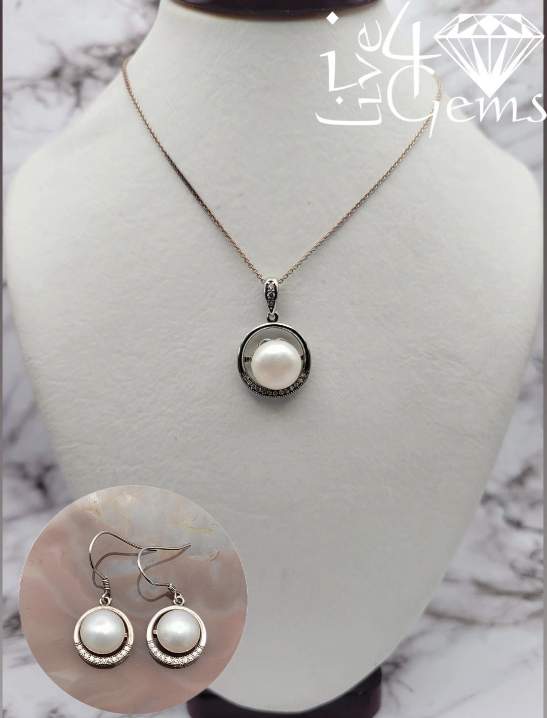 Silver Round Pearl w Cz Earring Pendant Set