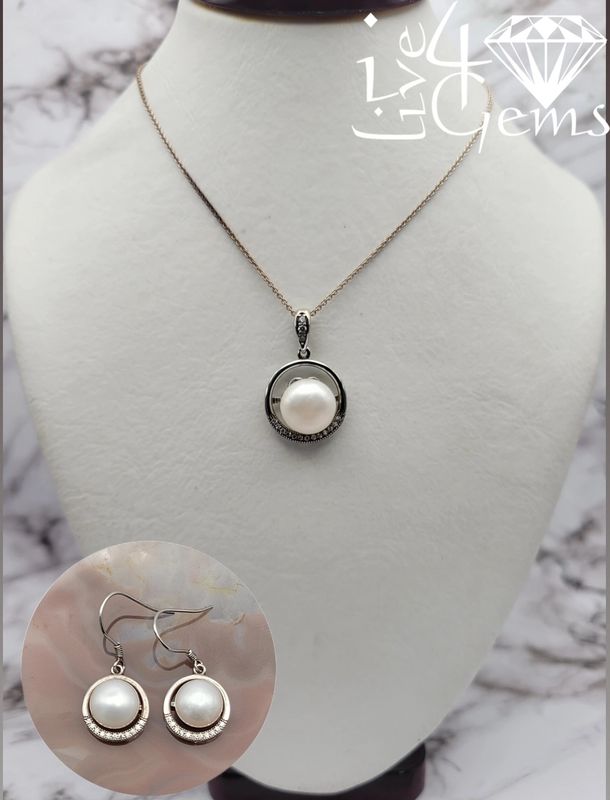 Silver Round Pearl w Cz Earring Pendant Set