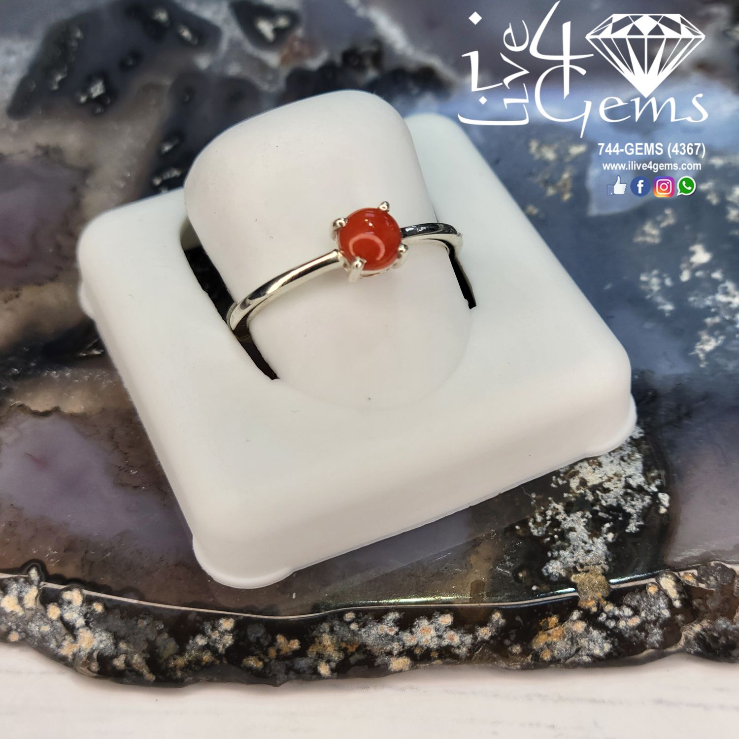 Sterling Silver Red Coral Stackable Ring Round S7
