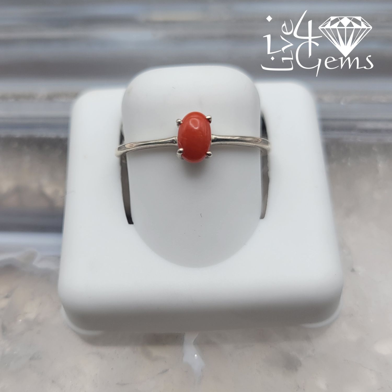 Sterling Silver Red Coral Stackable Ring Oval S7