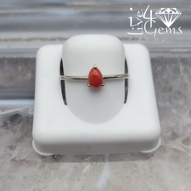 Sterling Silver Red Coral Stackable Ring Pear S7