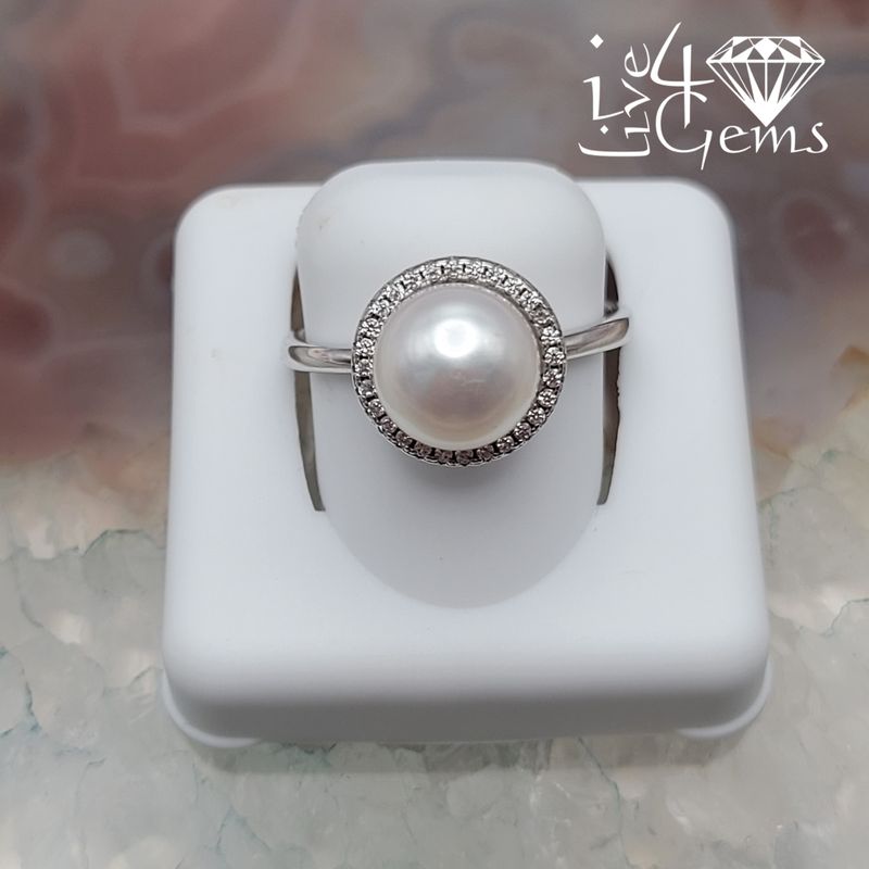 Pearl White Ring Halo CZ Adjustable Ring