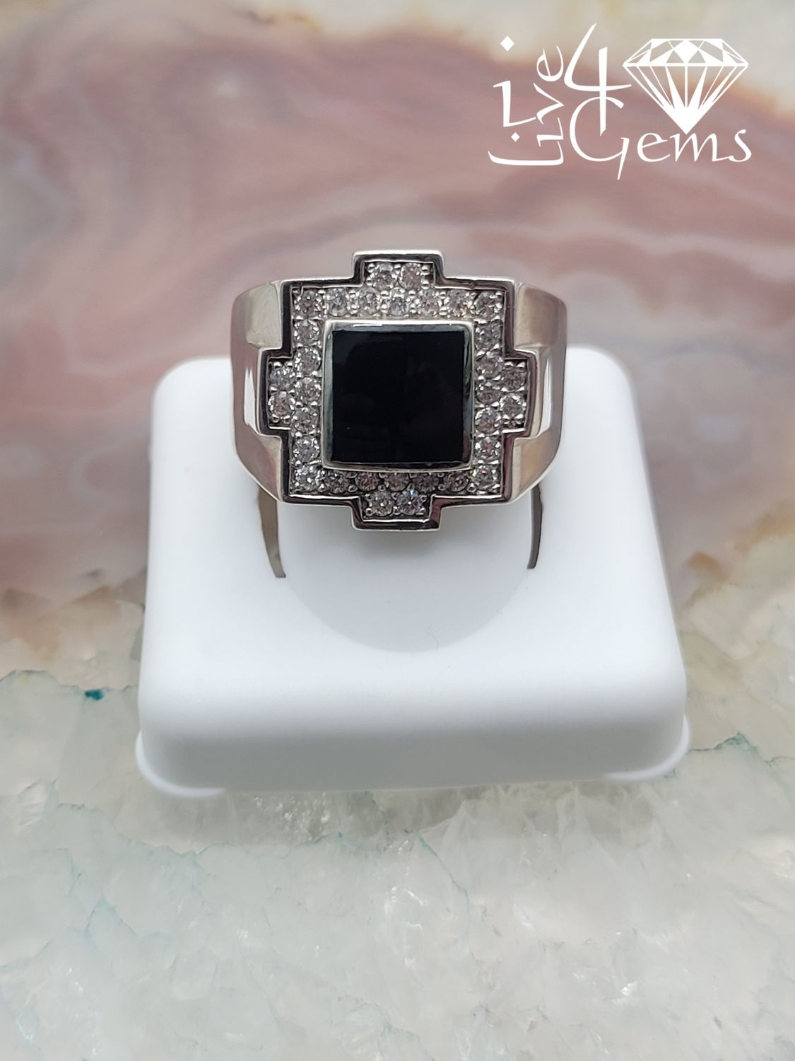 Silver Large Black Onyx w CZ Ring