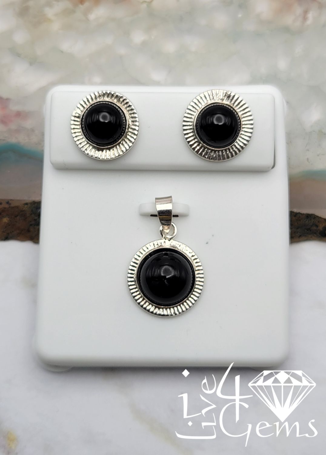 Silver Onyx Round Pendant and Earring Set