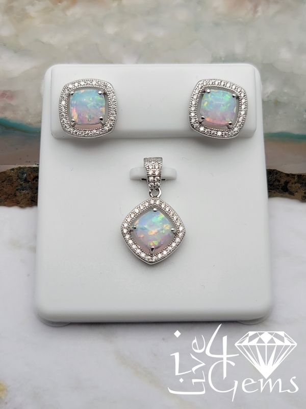 Silver Opal Cushion Halo Earring and Pendant Set