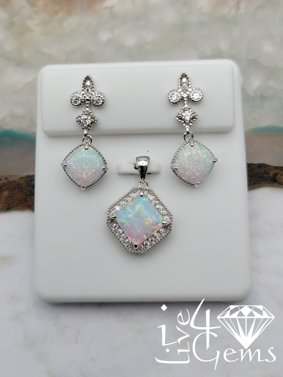 Silver Opal Square Halo Earring and Pendant Set