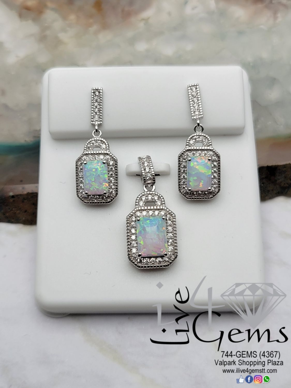 Silver Opal Emerald Cut Halo Earring and Pendant Set