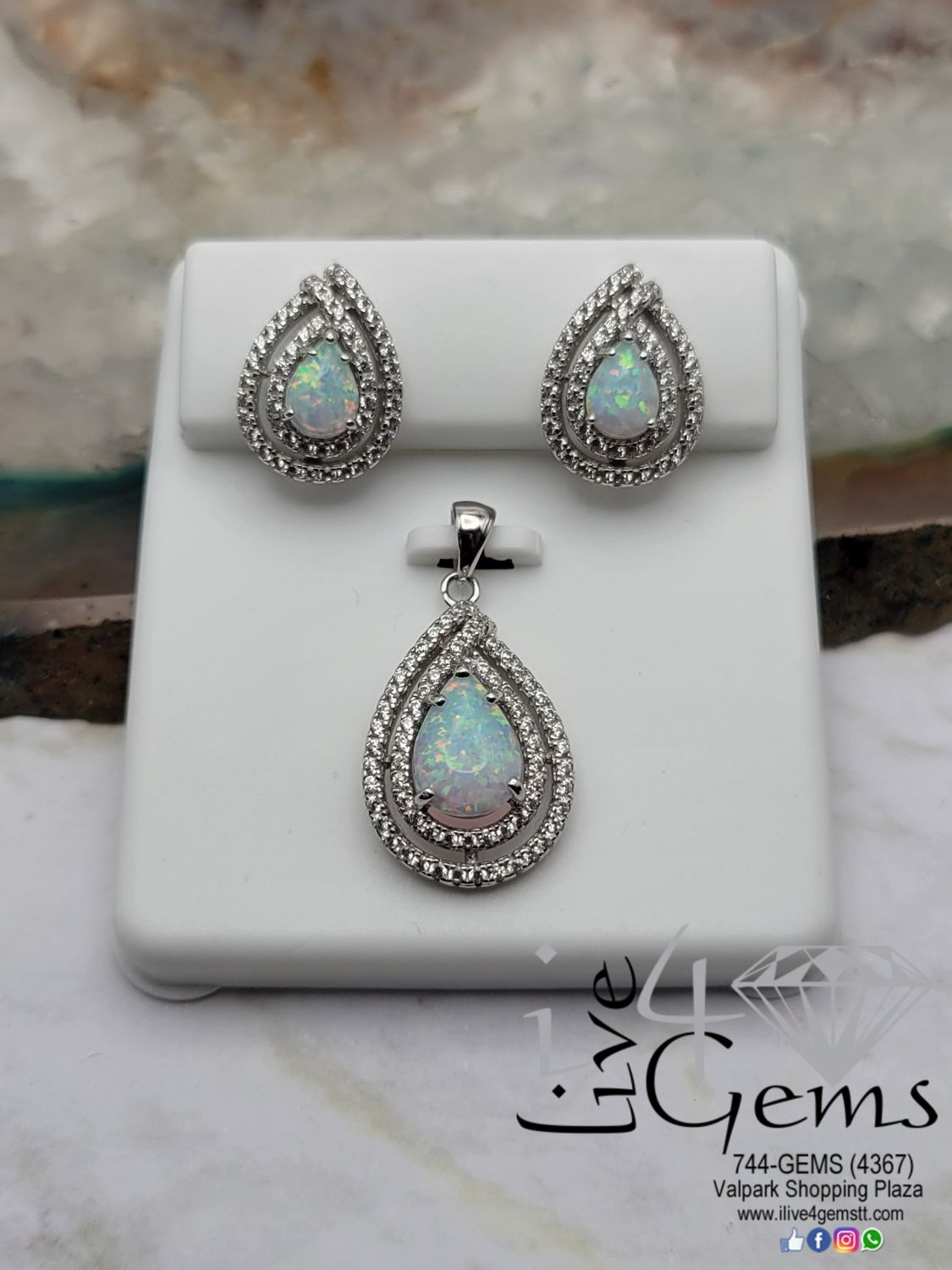 Silver Opal Pear Halo Earring and Pendant Set