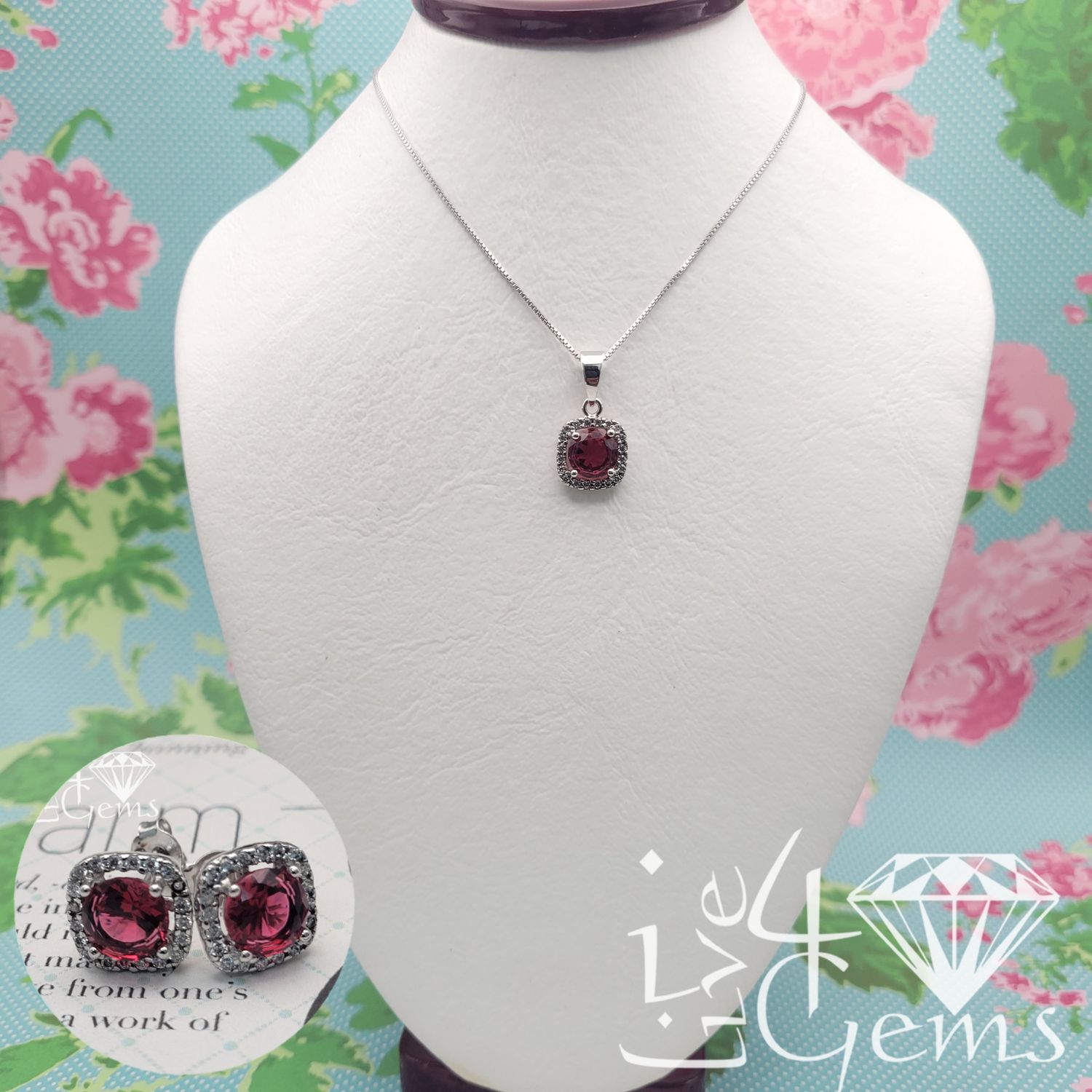 Silver Red Cz Square Halo Necklace Earring Set