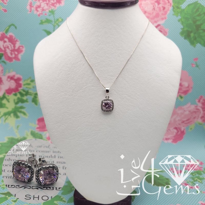 Silver Pink Cz Square Halo Necklace Earring Set