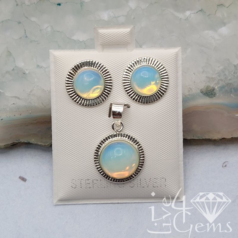 Silver Opal Bezel Round Earring and Pendant Set