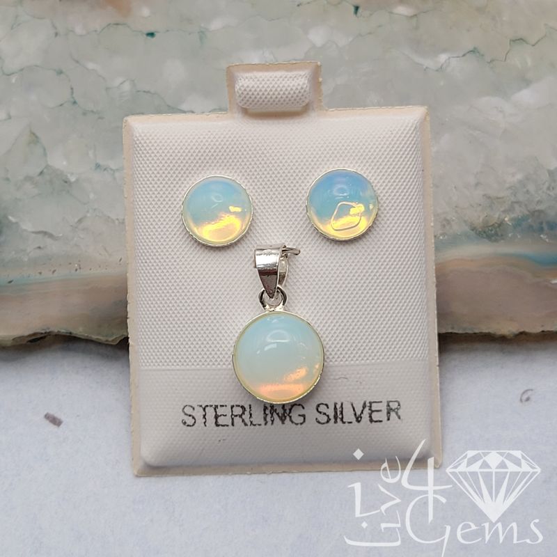 Silver Opal Round Pendant and Earring Set