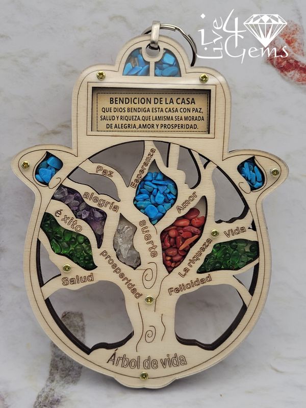 Gemstone Hamsa Tree of Life Wood Carving