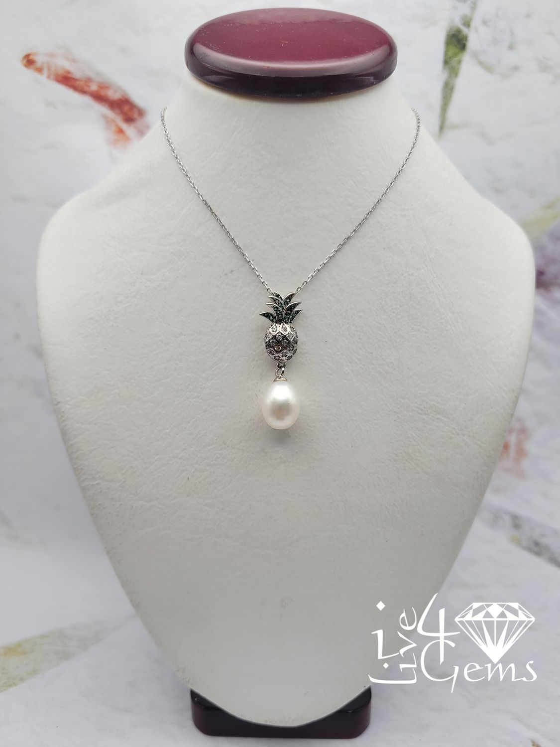 Silver Cz Pineapple w Drop Pearl Necklace