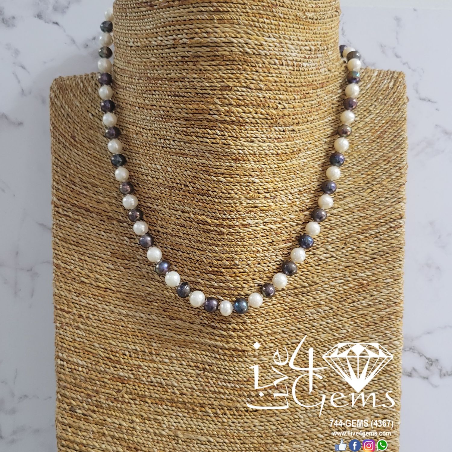 Pearl 7mm 18&quot; Necklace Heart Toggle Tri-Colour- Peacock,White,Gray