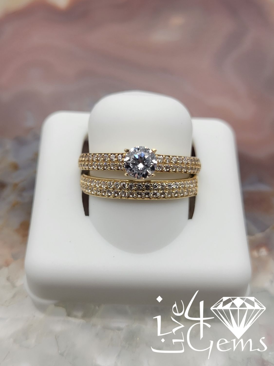 10kty Turkish Gold Double Row Cz Bridal Set Low Setting