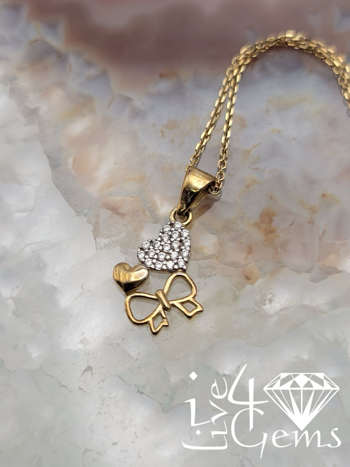 10kt Cz Heart Bow Pendant and Chain
