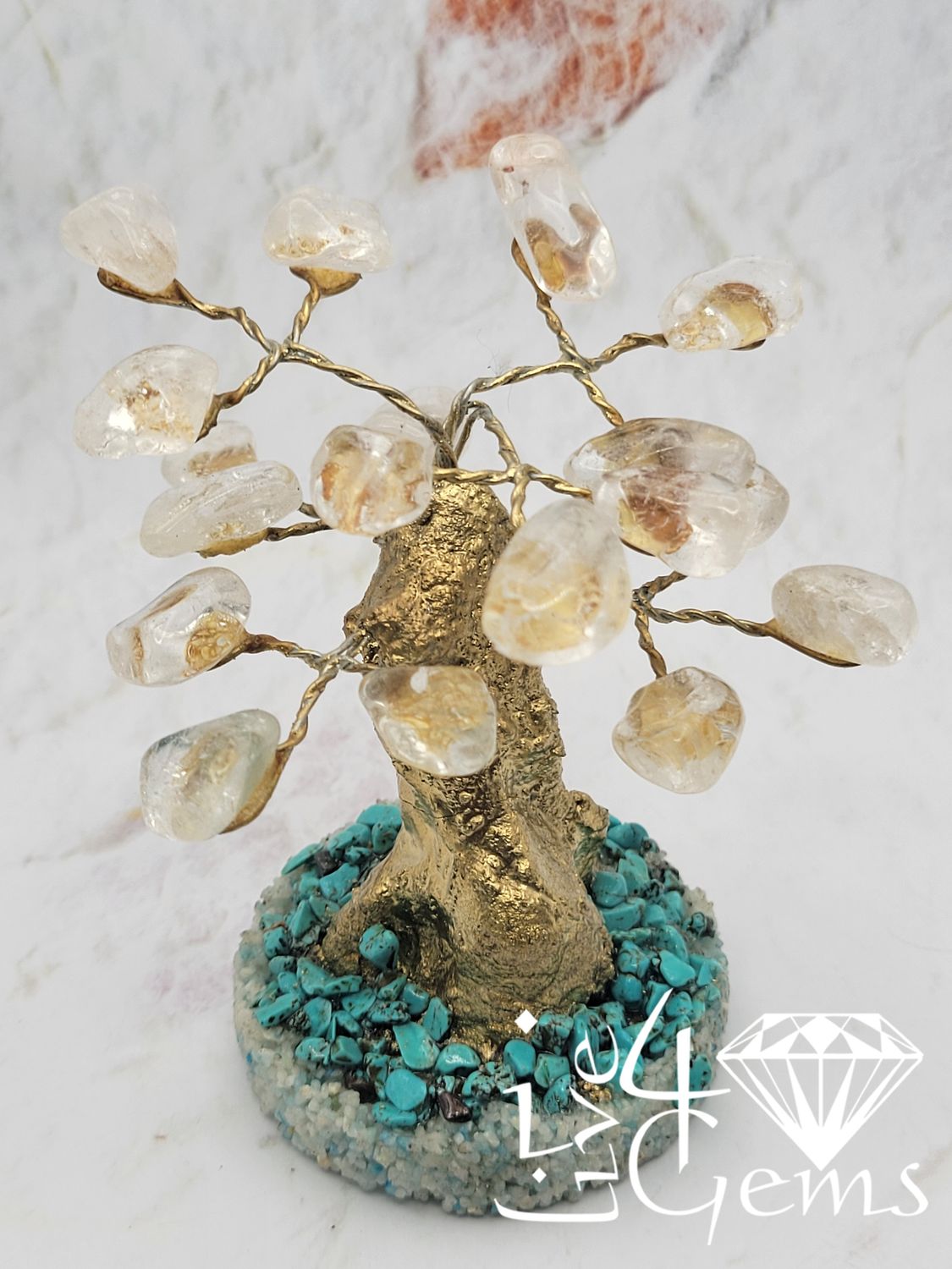 Handmade Clear Quartz  with Turquoise Base Bonsai Gemstone Tree