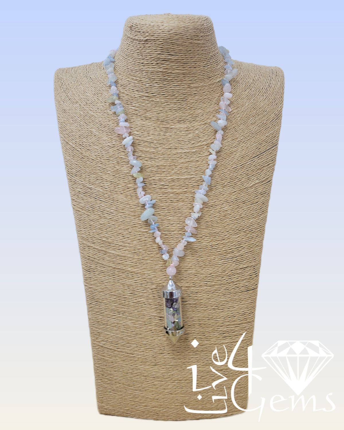 38&quot; Morganite Necklace with Amethyst, Citrine, Rose Quartz, Aventurine Pendant