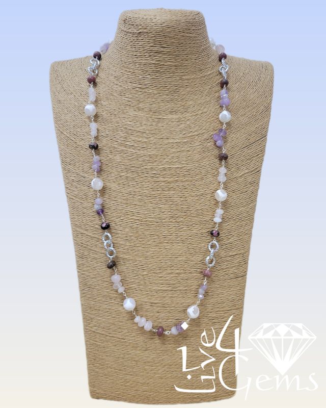 42&quot; Lavender Amethyst, Rose Quartz with Tibetan Agate Beads and Rhodonite Infinity Necklace