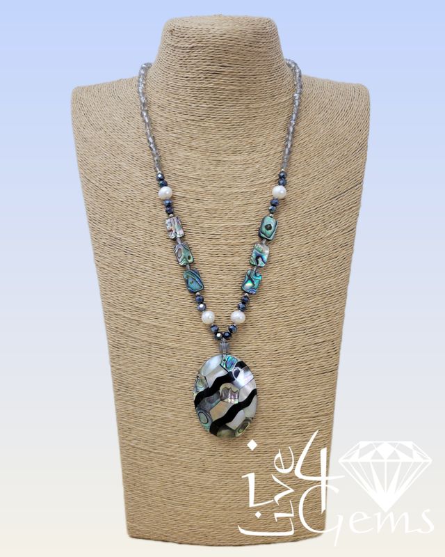 32&quot; Abalone and Freshwater Pearl Necklace with Mosaic Abalone Pendant