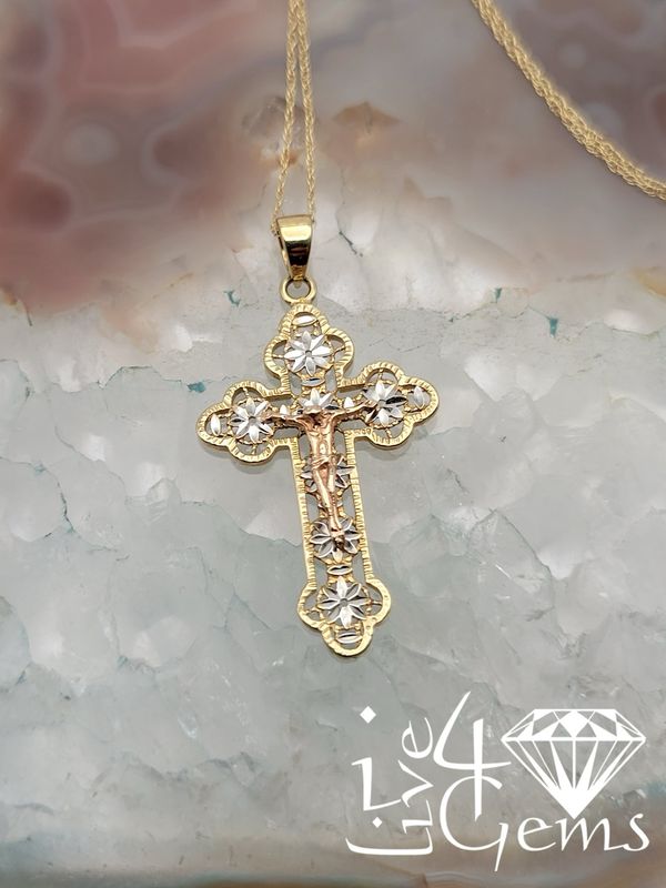 14kt Tricolour Crucifix w 14kt Chain