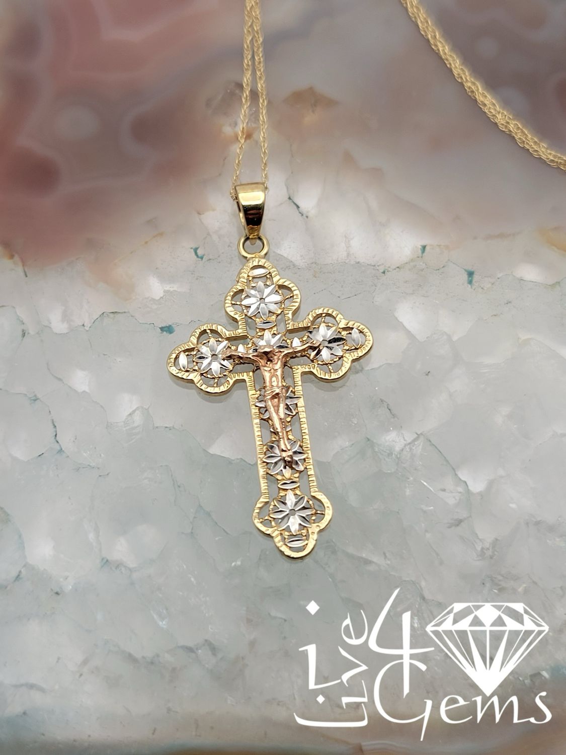 14kt Tricolour Crucifix w 14kt Chain