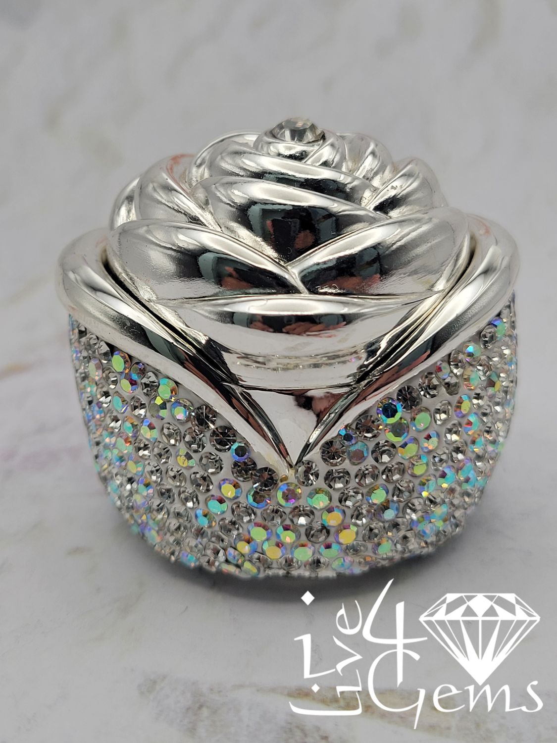 Rhinestone Rose Jewelry Box White Iridescent
