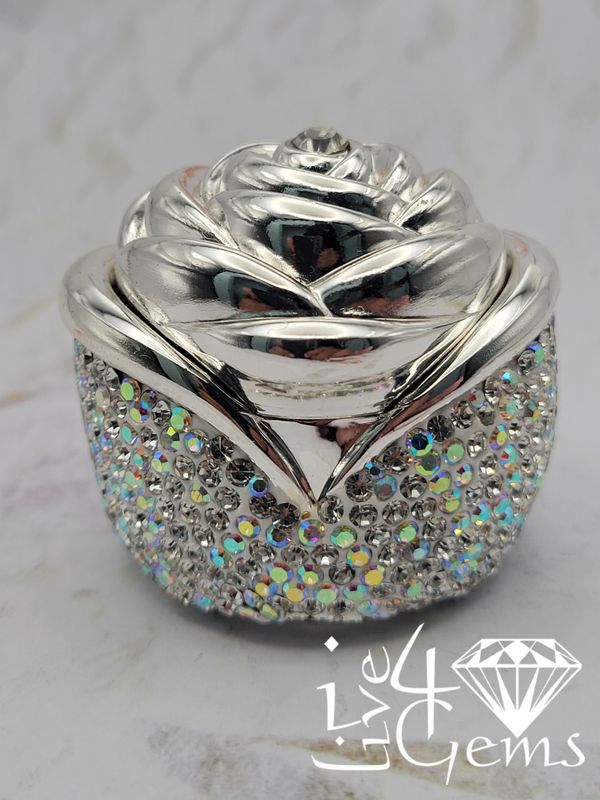 Rhinestone Rose Jewelry Box White Iridescent