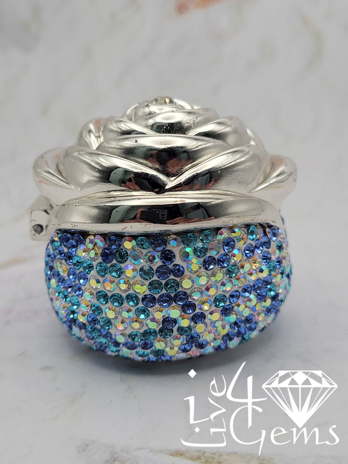 Rhinestone Rose Jewelry Box Blue Iridescent