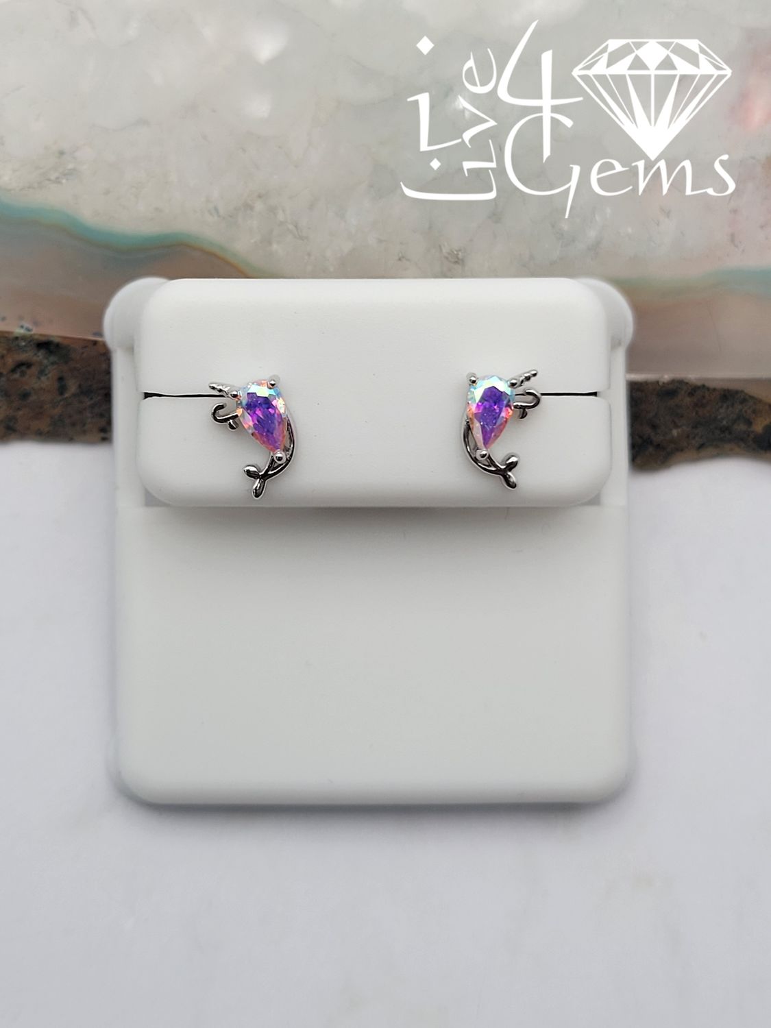 Silver Iridescent Cz Dolphin Stud Earrings