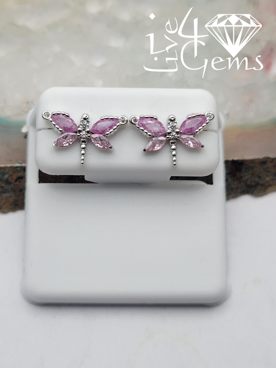 Silver Pink Cz Dragonfly Stud Earring