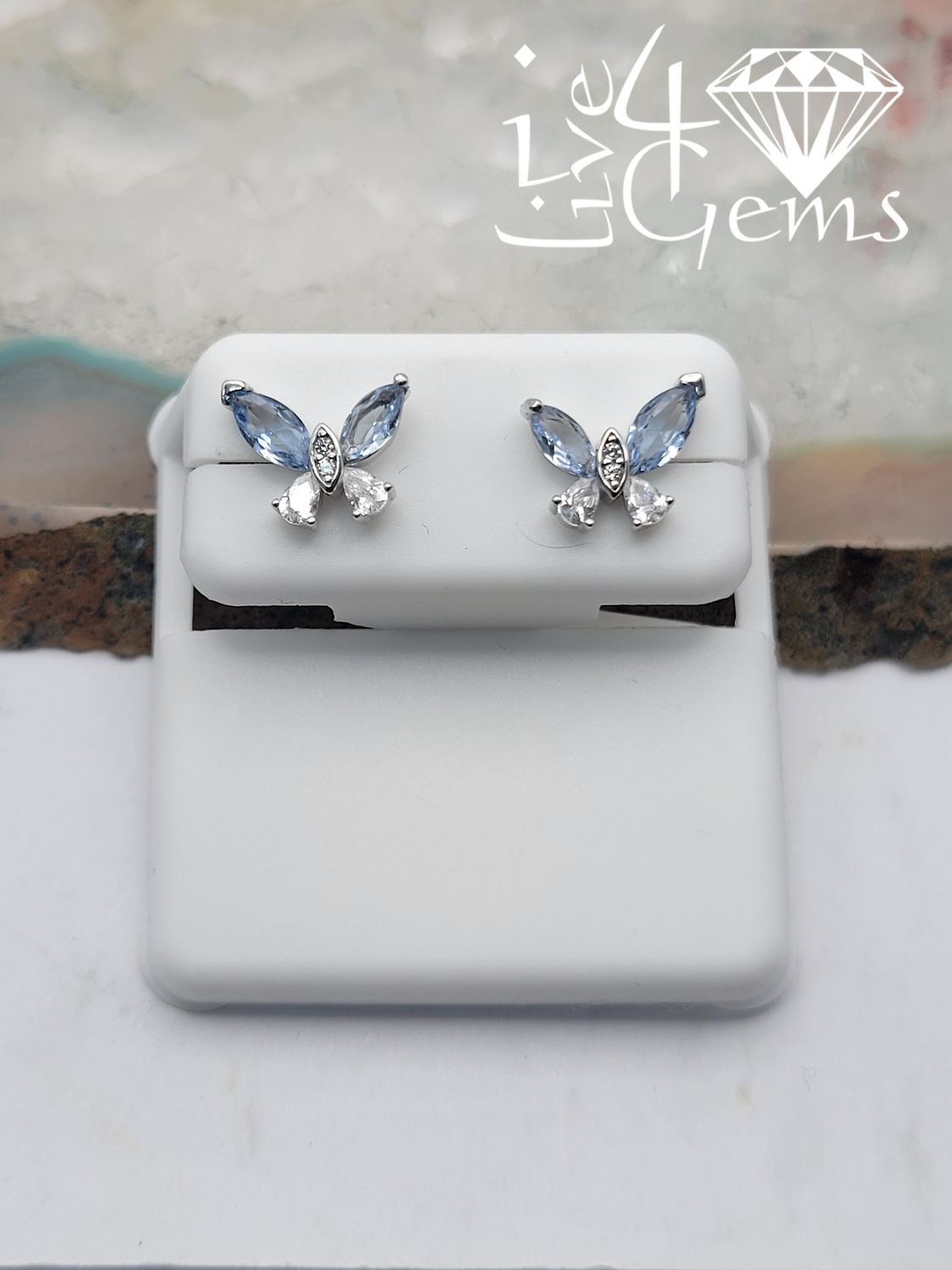 Silver Blue Cz Butterfly Stud Earrings