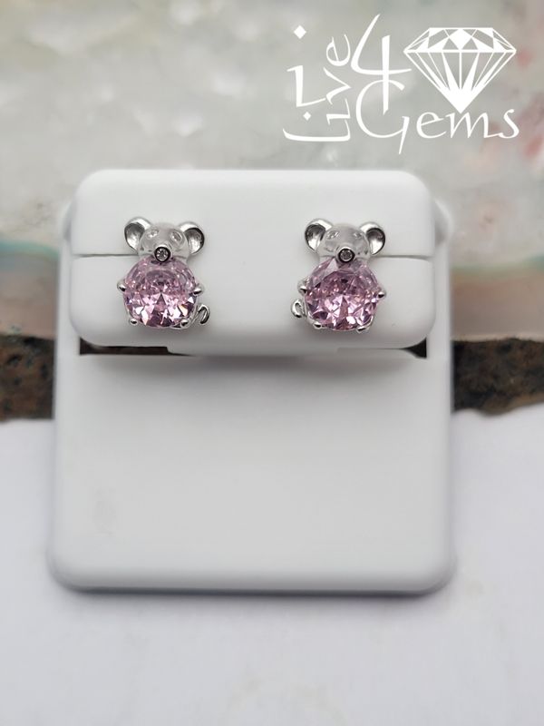 Silver Pink Cz Bear Stud Earring