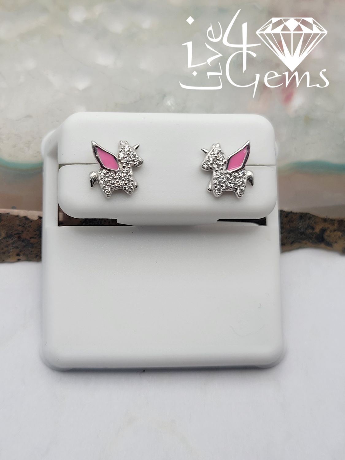 Silver Cz Unicorn with Pink Wings Stud Earrings