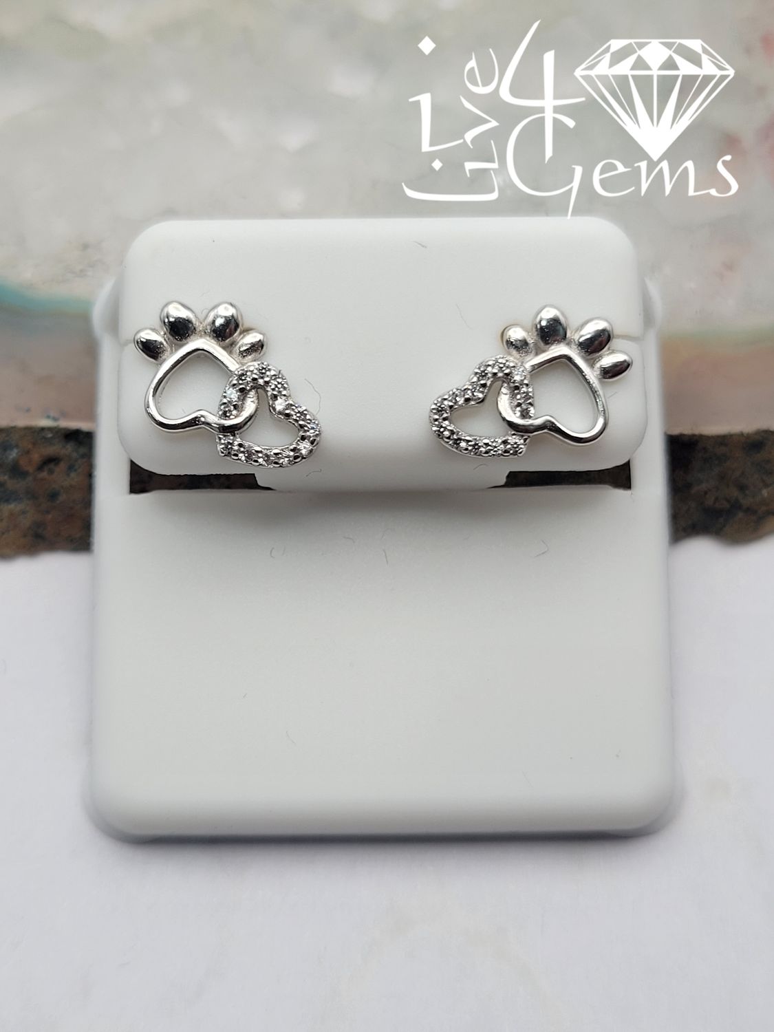 Silver Cz Heart with Paw Stud Earrings