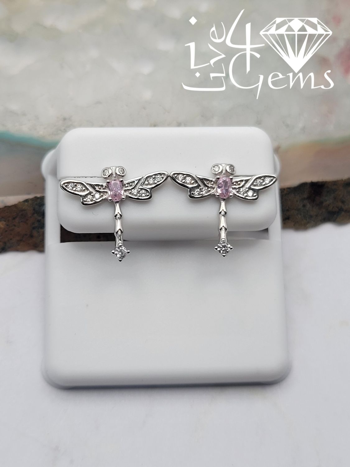 Silver Clear and Pink Cz Dragonfly Stud Earrings
