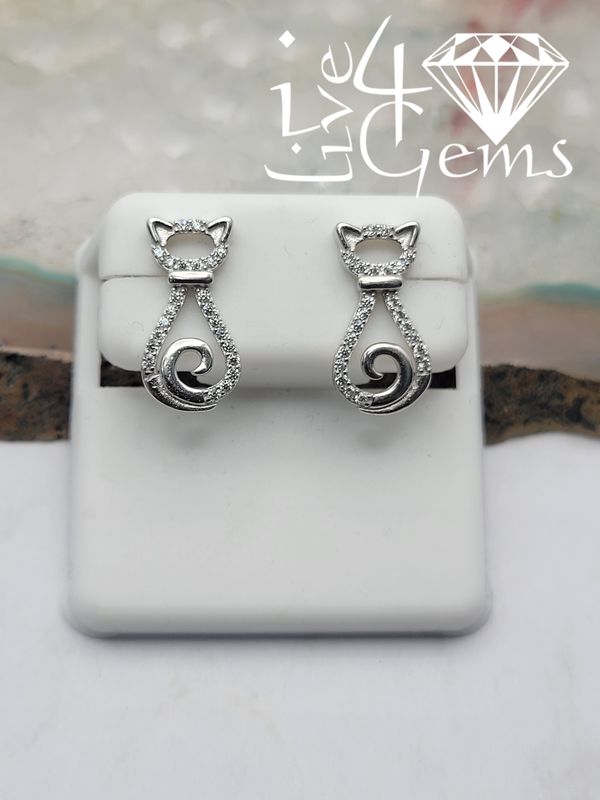 Silver Cz Cat Silhouette Stud Earrings