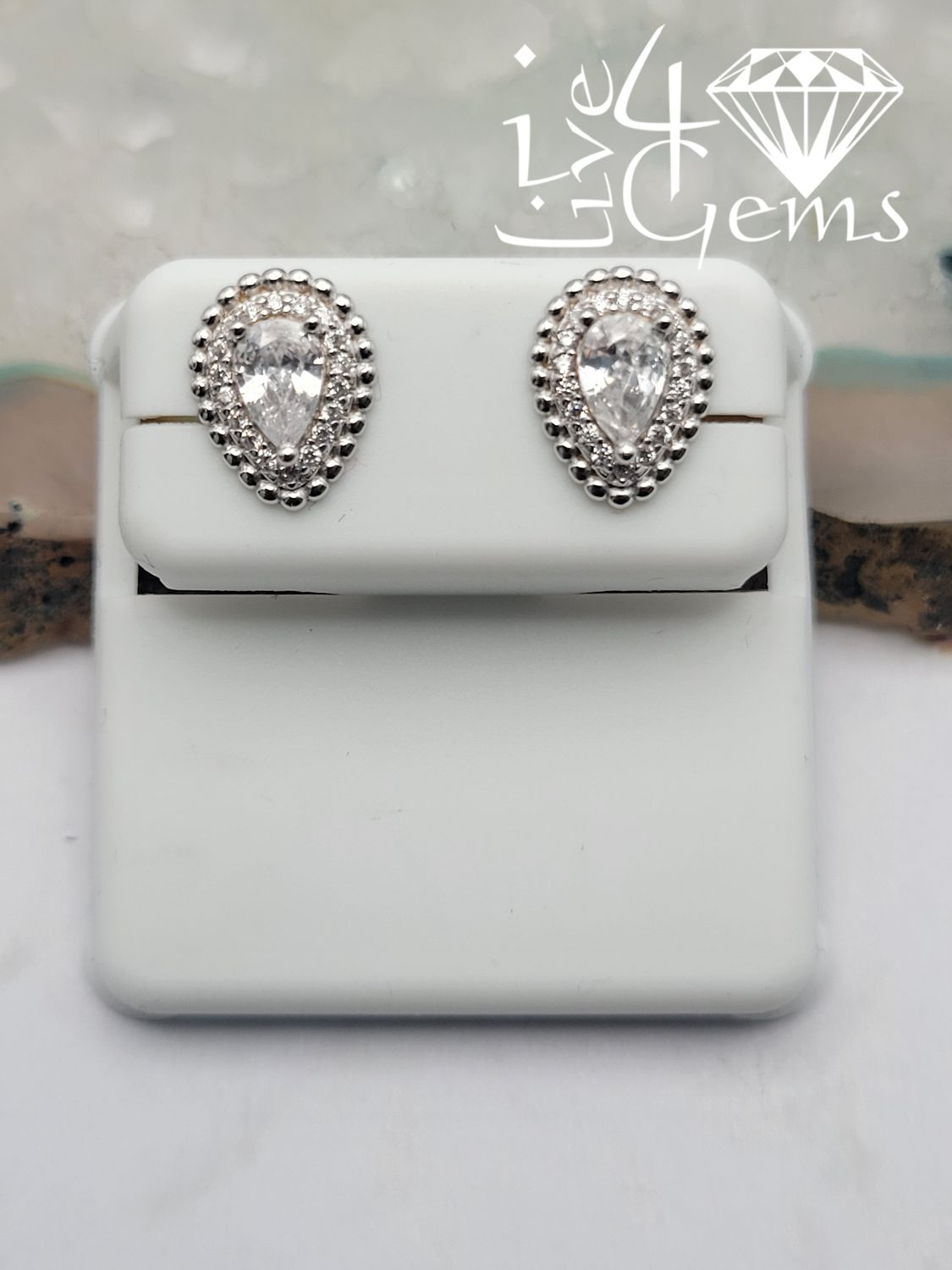 Silver Pear Cz Halo Stud Earring