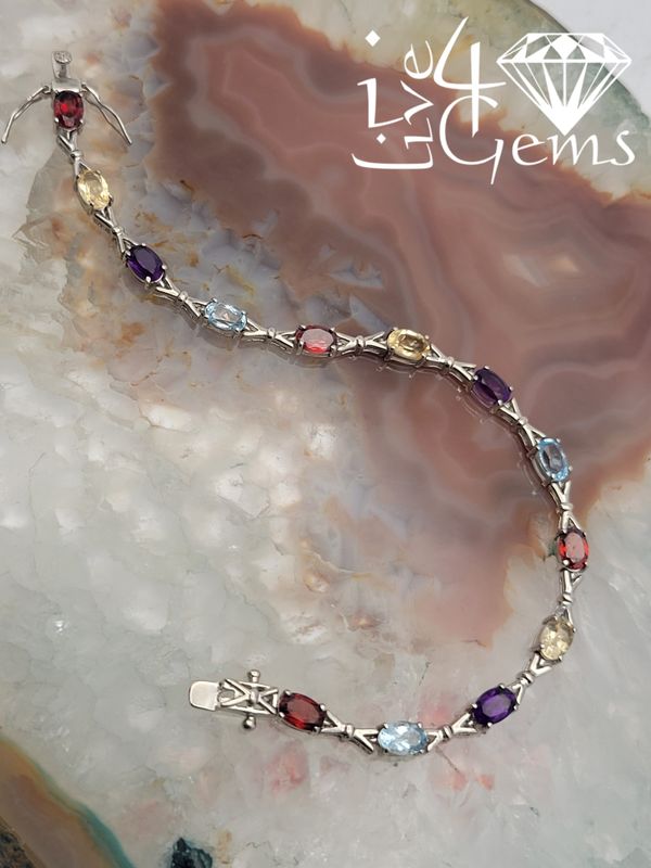 Silver Oval Amethyst, Citrine, Garnet, Blue Topaz Gemstone Bracelet