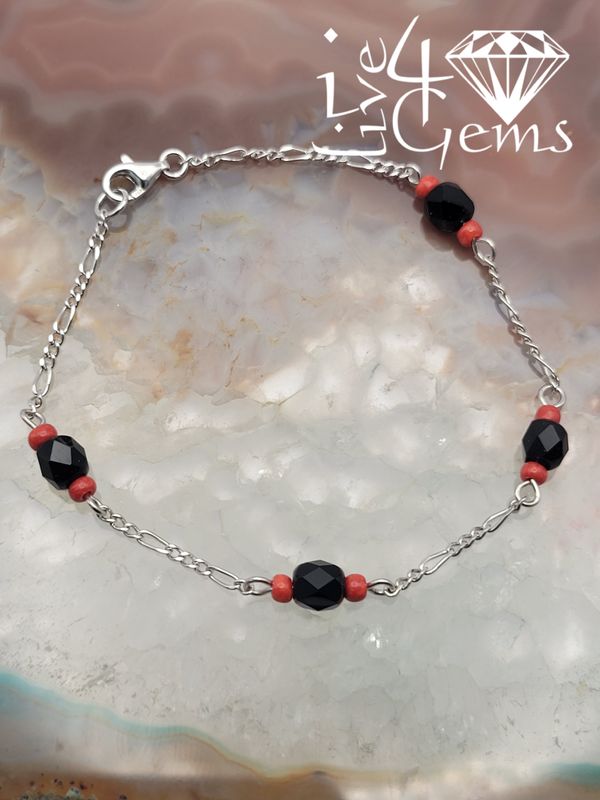 Silver Red Coral and Jet Bead Baby Bracelet 6&quot;