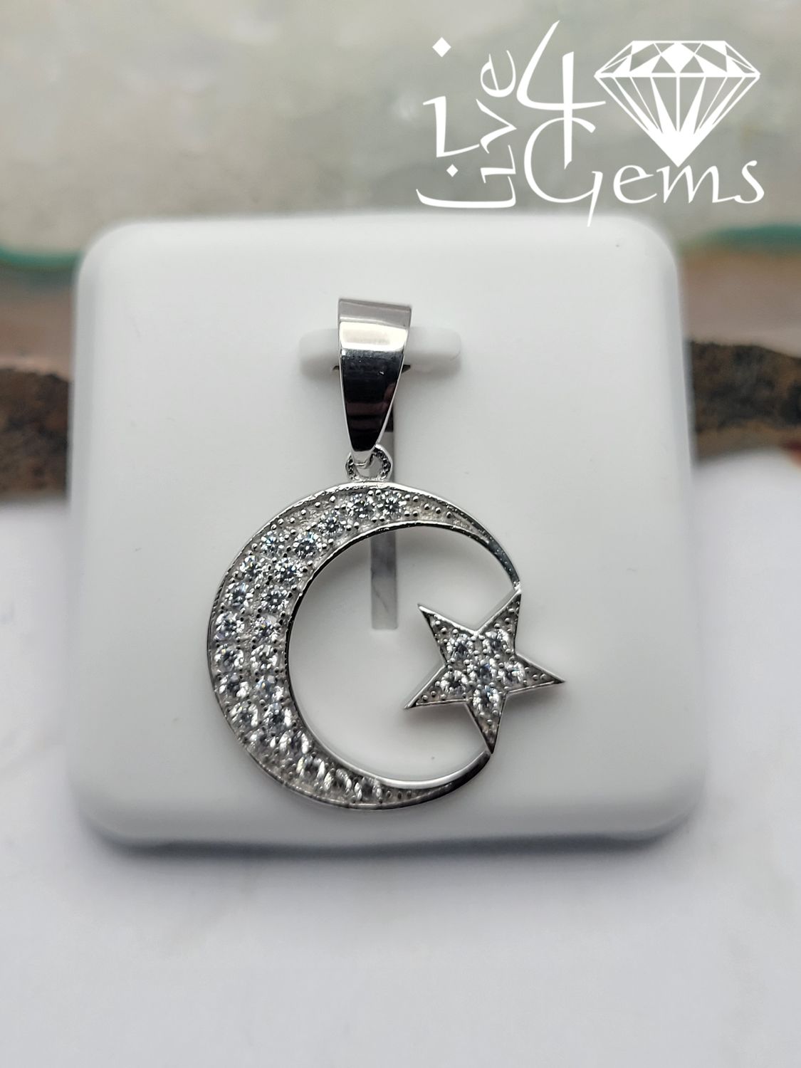 Silver Cz Moon with Star Pendant