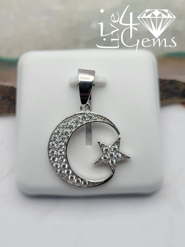 Silver Cz Moon with Star Pendant